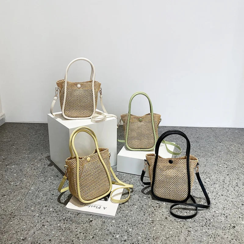 Straw Bucket Bag Women's Messenger Portable Crossbody Bag