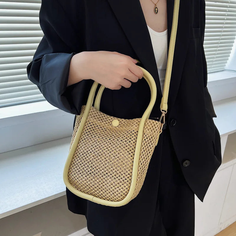 Straw Bucket Bag Women's Messenger Portable Crossbody Bag