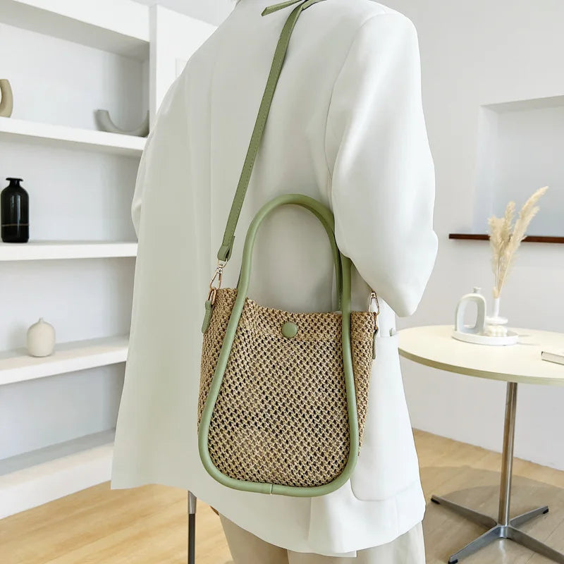 Straw Bucket Bag Women's Messenger Portable Crossbody Bag