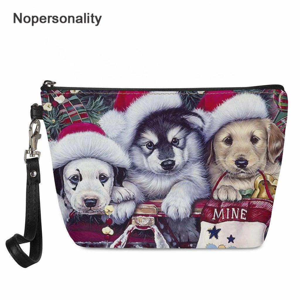 Christmas Cats and Dogs Pattern PU Leather Cosmetic Bag