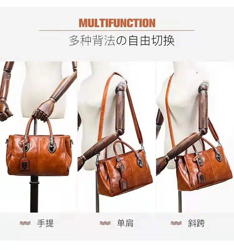 Oil Wax Leather Boston Shoulder Bag Soft Leather Big Bag