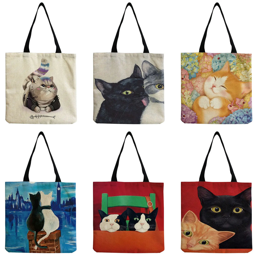 Cat Print Shoulder Bag Eco Friendly Beach Tote High Capacity Handbag