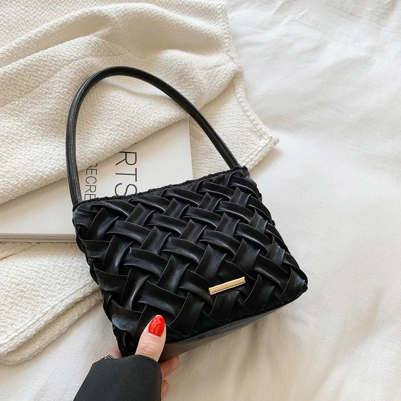 Braided Small Shoulder Bag Women's PU Leather Handbag Tote