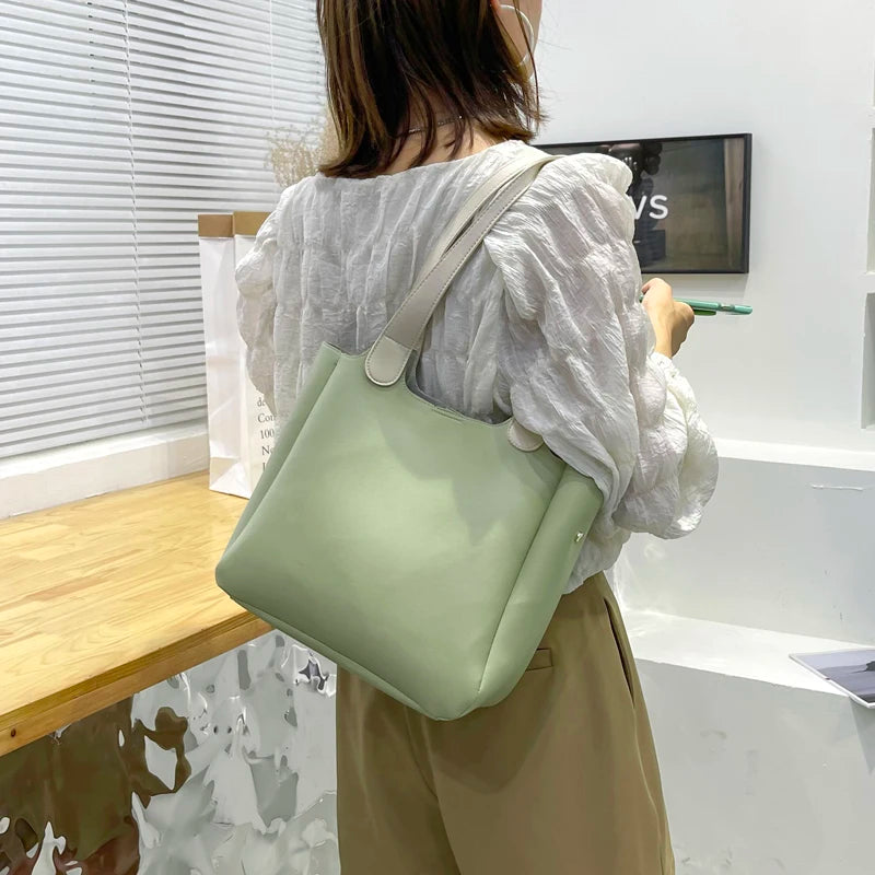 PU Leather Shoulder Bags Women Daily Shopping Large Capacity Soft Tote Bag Solid