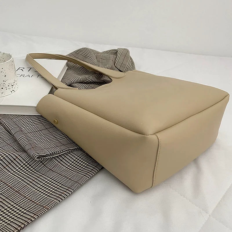 PU Leather Shoulder Bags Women Daily Shopping Large Capacity Soft Tote Bag Solid