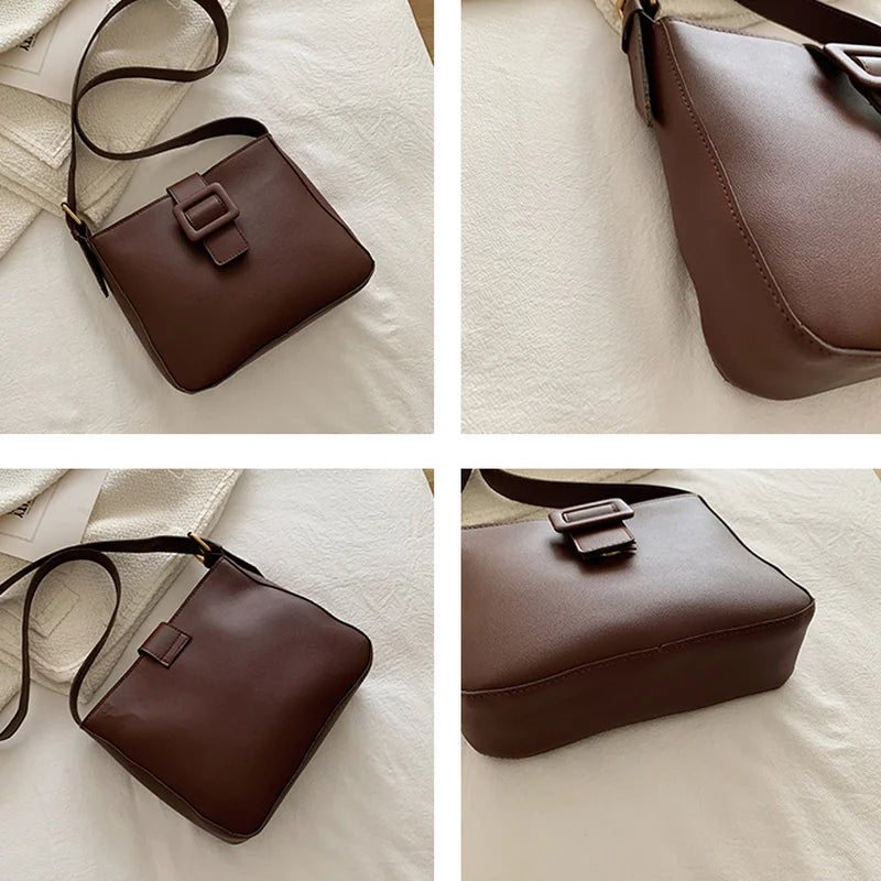 PU Leather Shoulder Bags Women Solid Tender Wide Strap Cross Body Square Bag