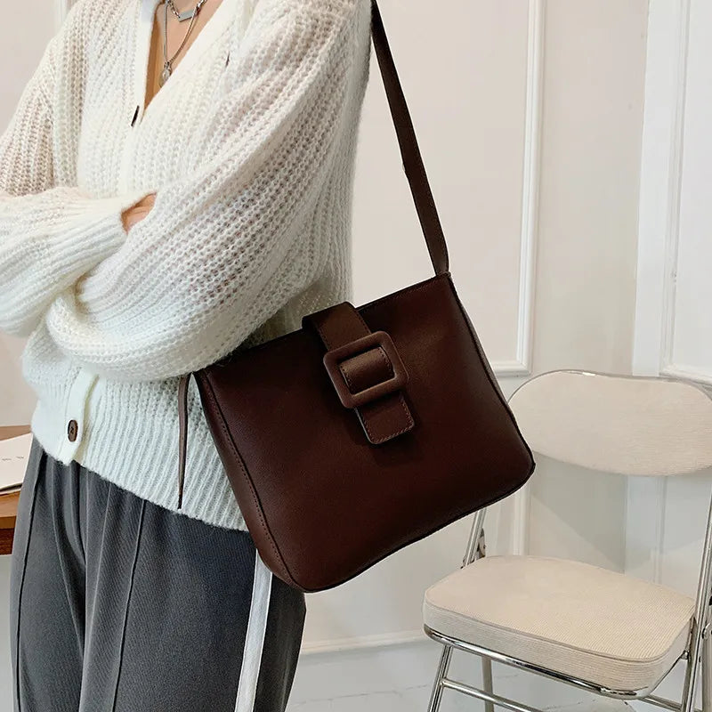PU Leather Shoulder Bags Women Solid Tender Wide Strap Cross Body Square Bag