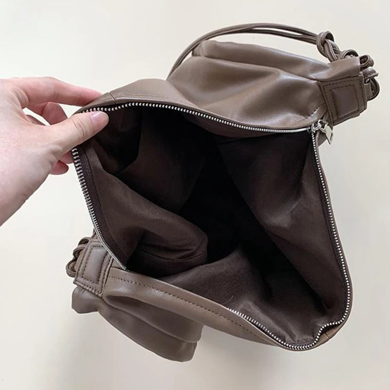 PU Leather Shoulder Bags Women Vintage Thread Totes Zipper Soft Large Capacity