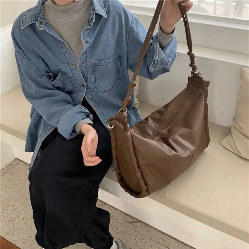 PU Leather Shoulder Bags Women Vintage Thread Totes Zipper Soft Large Capacity