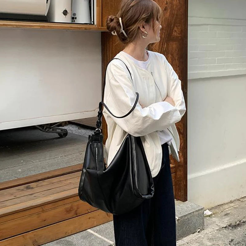 PU Leather Shoulder Bags Women Vintage Thread Totes Zipper Soft Large Capacity