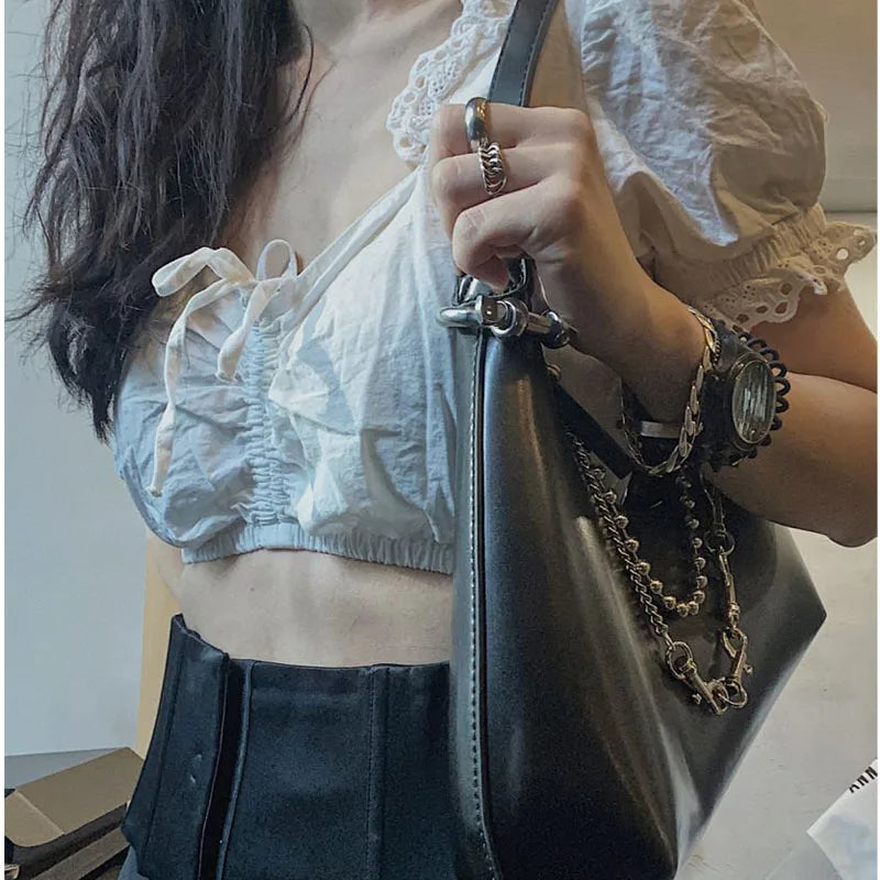 PU Leather Women Hobos Underarm Bag Retro Solid Ladies Tote Purse Handbags