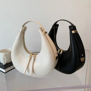 Vintage PU Leather Women Handbag Double Zipper Crescent Shoulder Bags