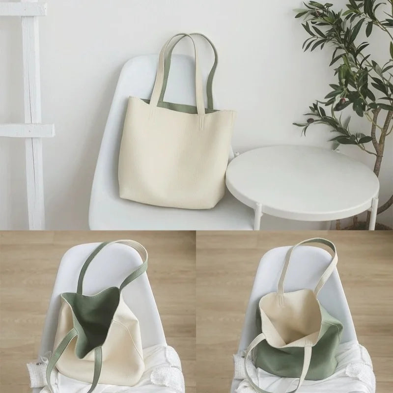 PU Leather Women Shoulder Bags Reversible Paneled Large Capacity Totes