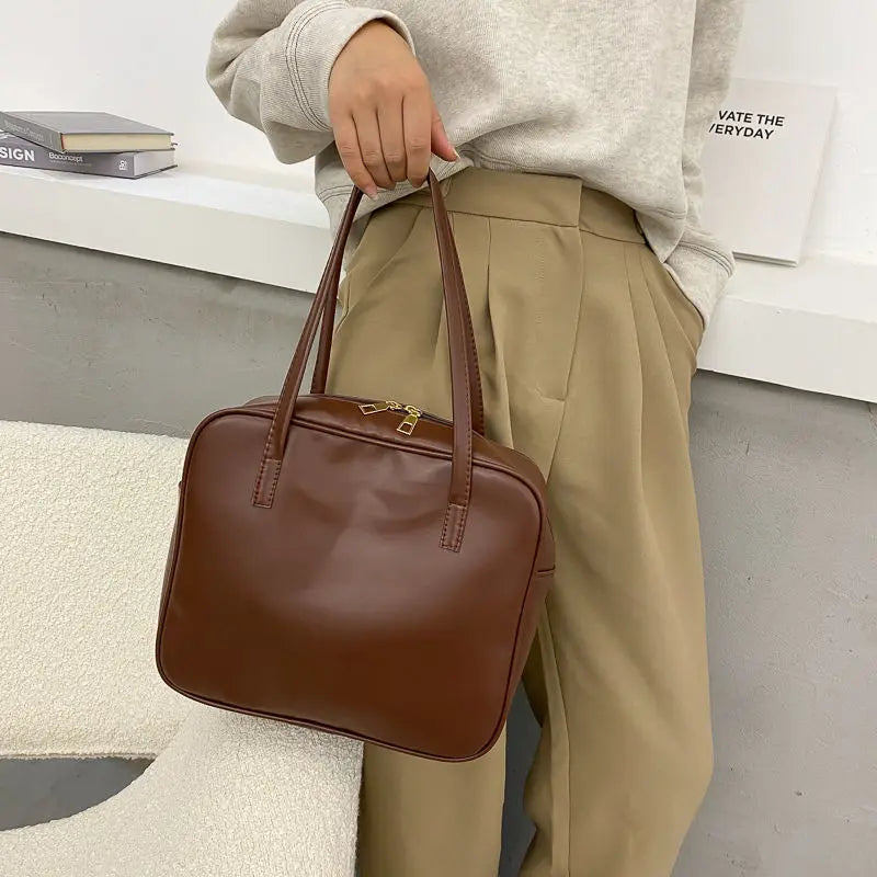 Retro PU Soft Shoulder Bag with Zipper Women Handbag