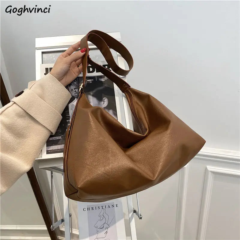 PU Solid Shoulder Bag Women Brief Style Satchel Soft Casual Large Capacity Handb