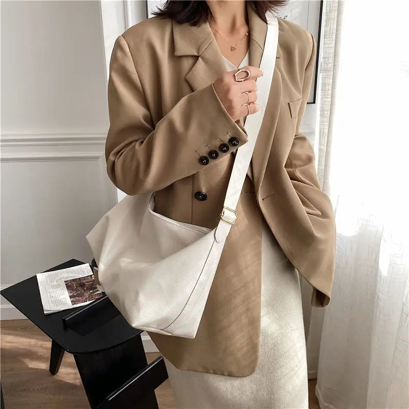 PU Solid Shoulder Bag Women Brief Style Satchel Soft Casual Large Capacity Handb
