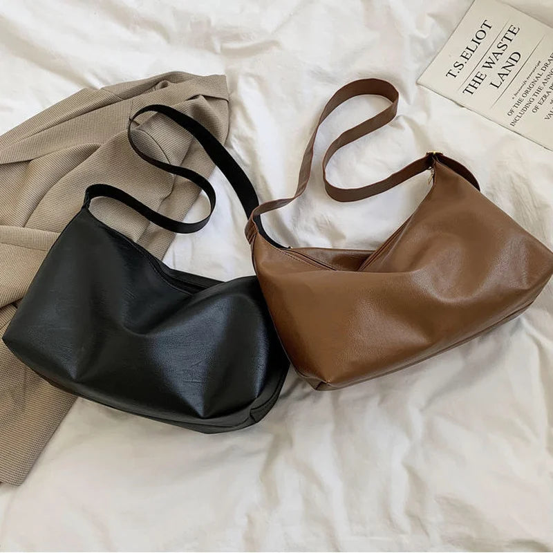 PU Solid Shoulder Bag Women Brief Style Satchel Soft Casual Large Capacity Handb