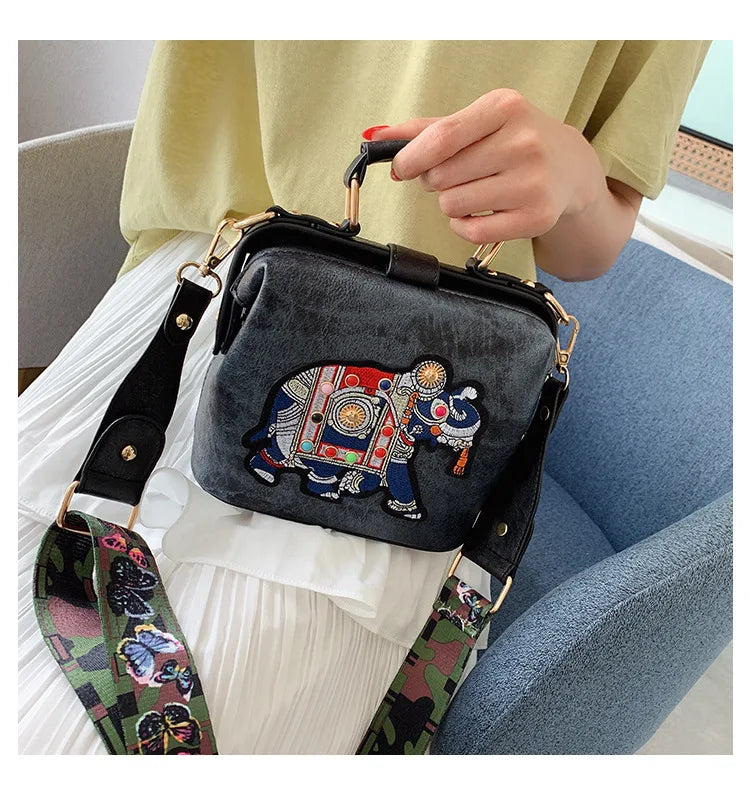 Embroidered Elephant Crossbody Bag for Women