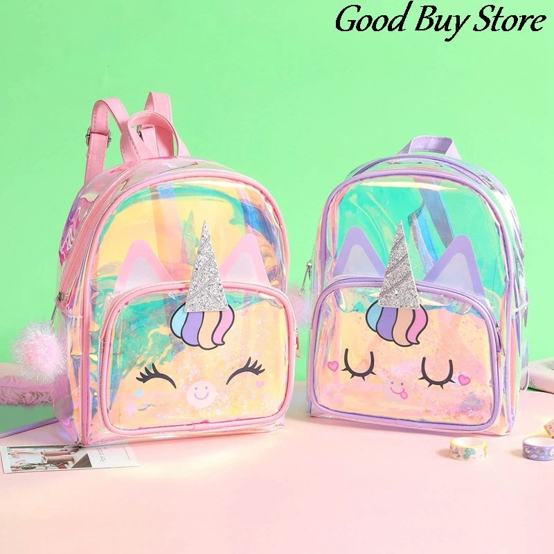 PVC Transparent Unicorn Backpack Girls Sequin School Bookbag