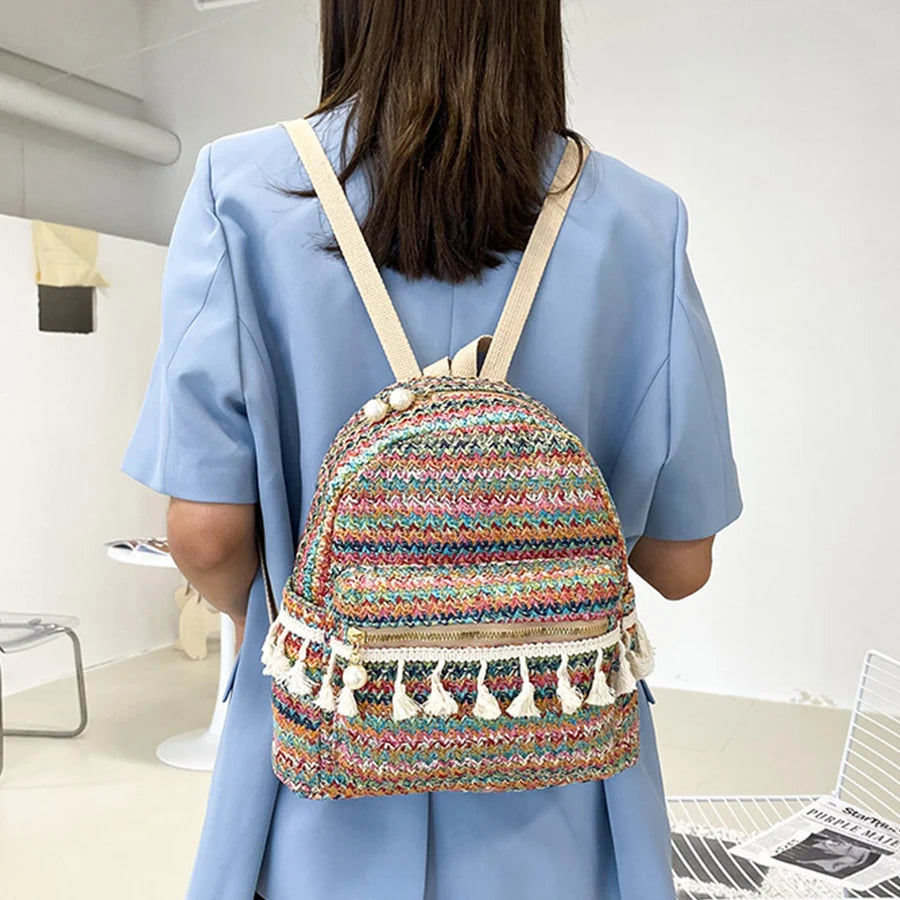 Panelled Straw Backpack For Women Summer Beach Shoulder Schoolbags