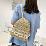 Panelled Straw Backpack For Women Summer Beach Shoulder Schoolbags