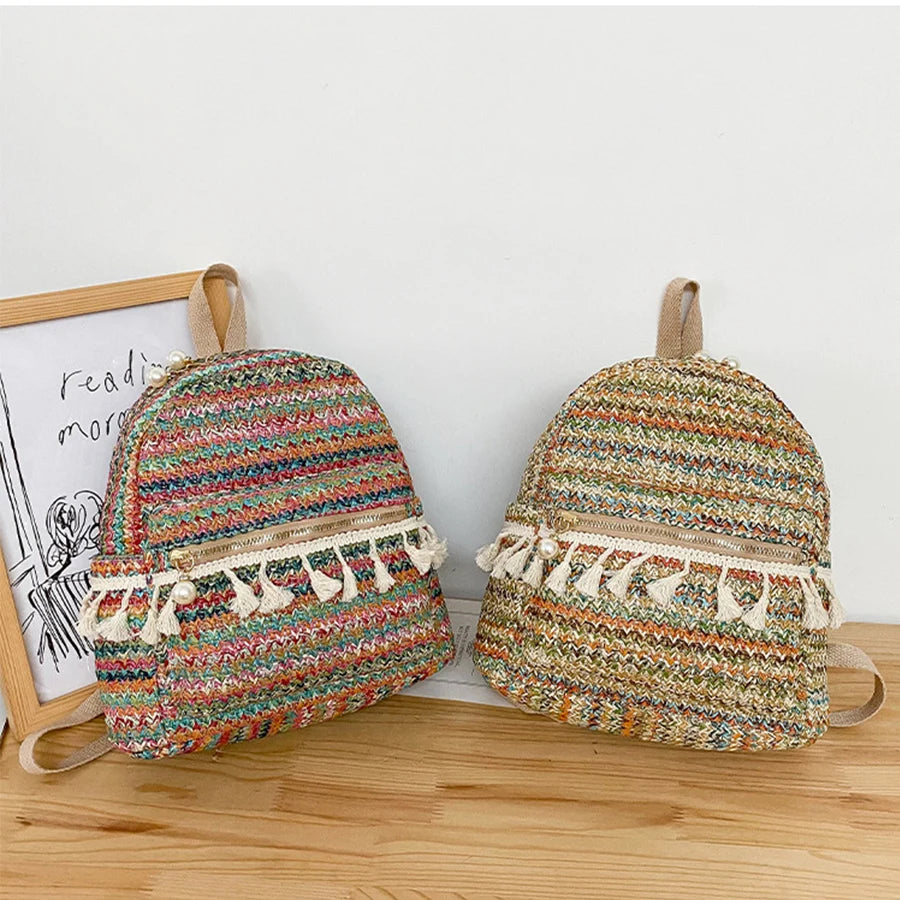 Panelled Straw Backpack For Women Summer Beach Shoulder Schoolbags
