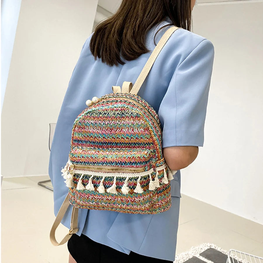 Panelled Straw Backpack For Women Summer Beach Shoulder Schoolbags