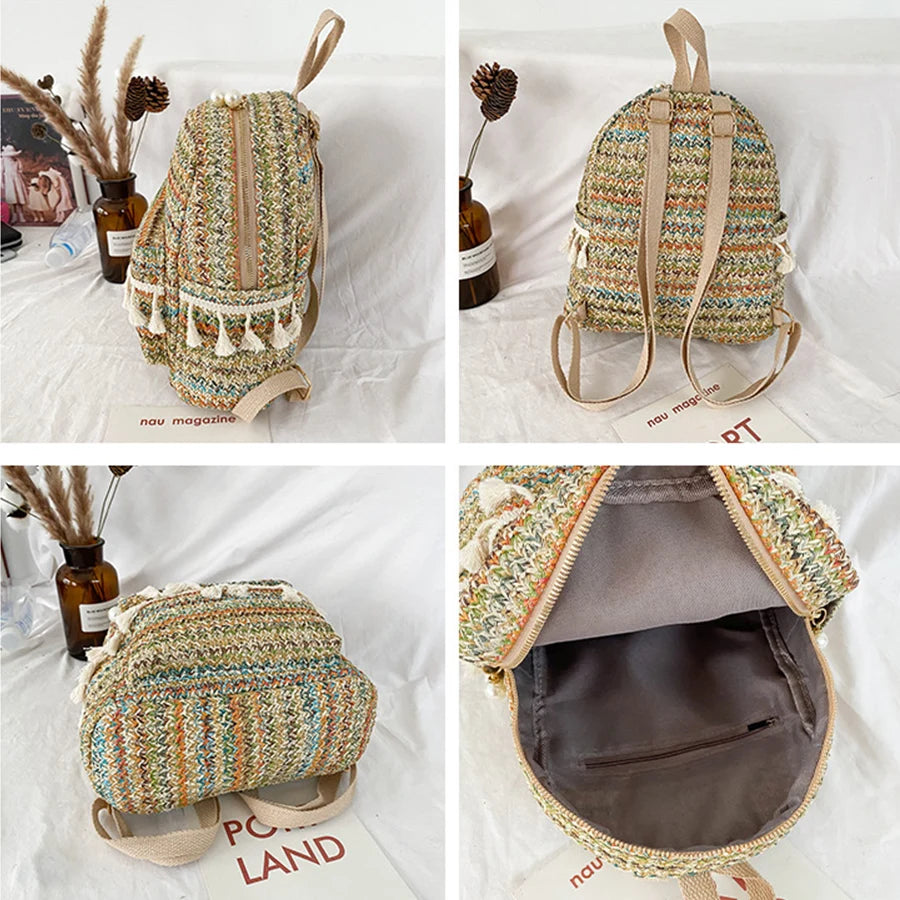Panelled Straw Backpack For Women Summer Beach Shoulder Schoolbags