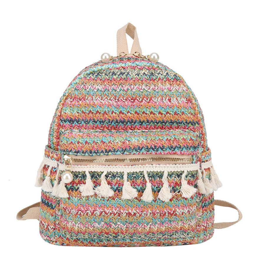 Panelled Straw Backpack For Women Summer Beach Shoulder Schoolbags