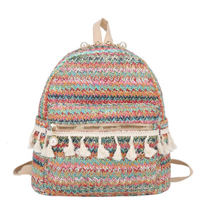 Panelled Straw Backpack For Women Summer Beach Shoulder Schoolbags