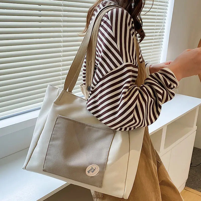 Canvas Patchwork Shoulder Bag Women Large Capacity Tote Handbag Harajuku
