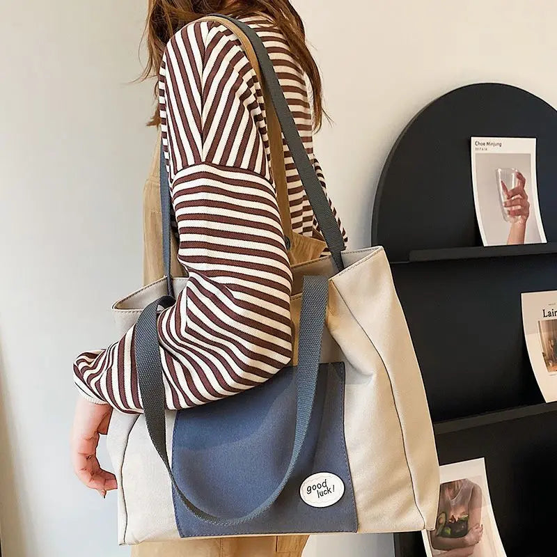 Canvas Patchwork Shoulder Bag Women Large Capacity Tote Handbag Harajuku