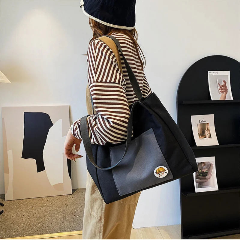 Canvas Patchwork Shoulder Bag Women Large Capacity Tote Handbag Harajuku