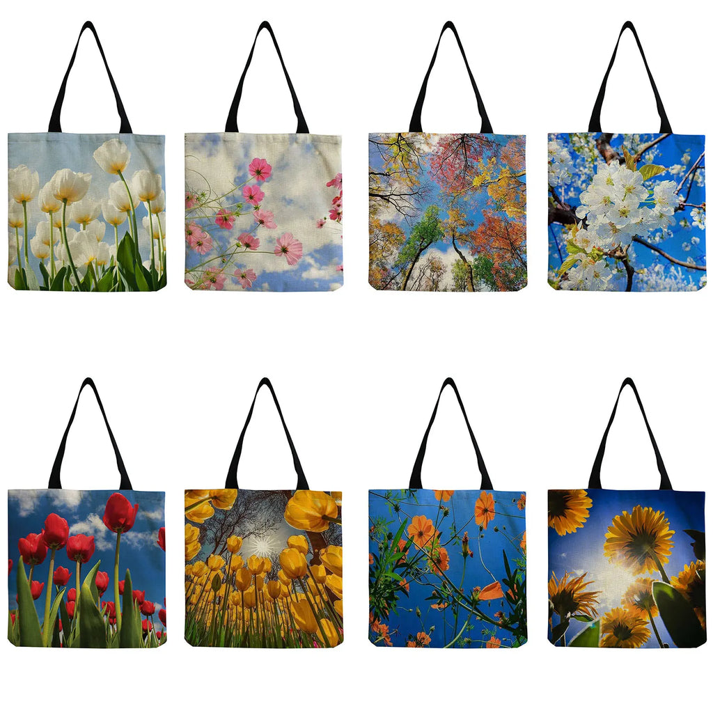 Botanical Print Tulip Travel Tote Bag - Foldable Floral Shopping Shoulder Bag
