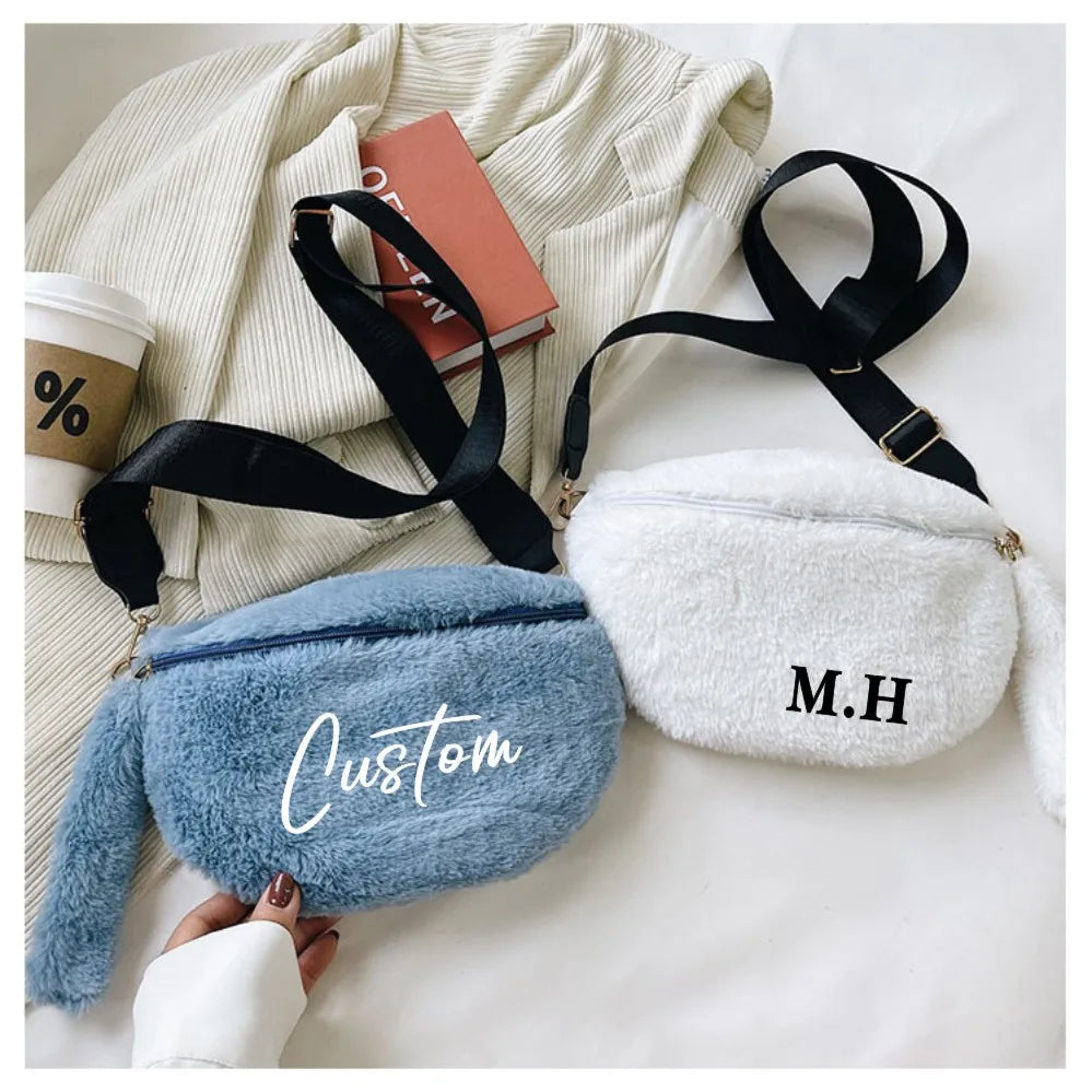 Personalised Plush Chest Bag for Women Faux Fur Purse Name Winter Phone Pouch
