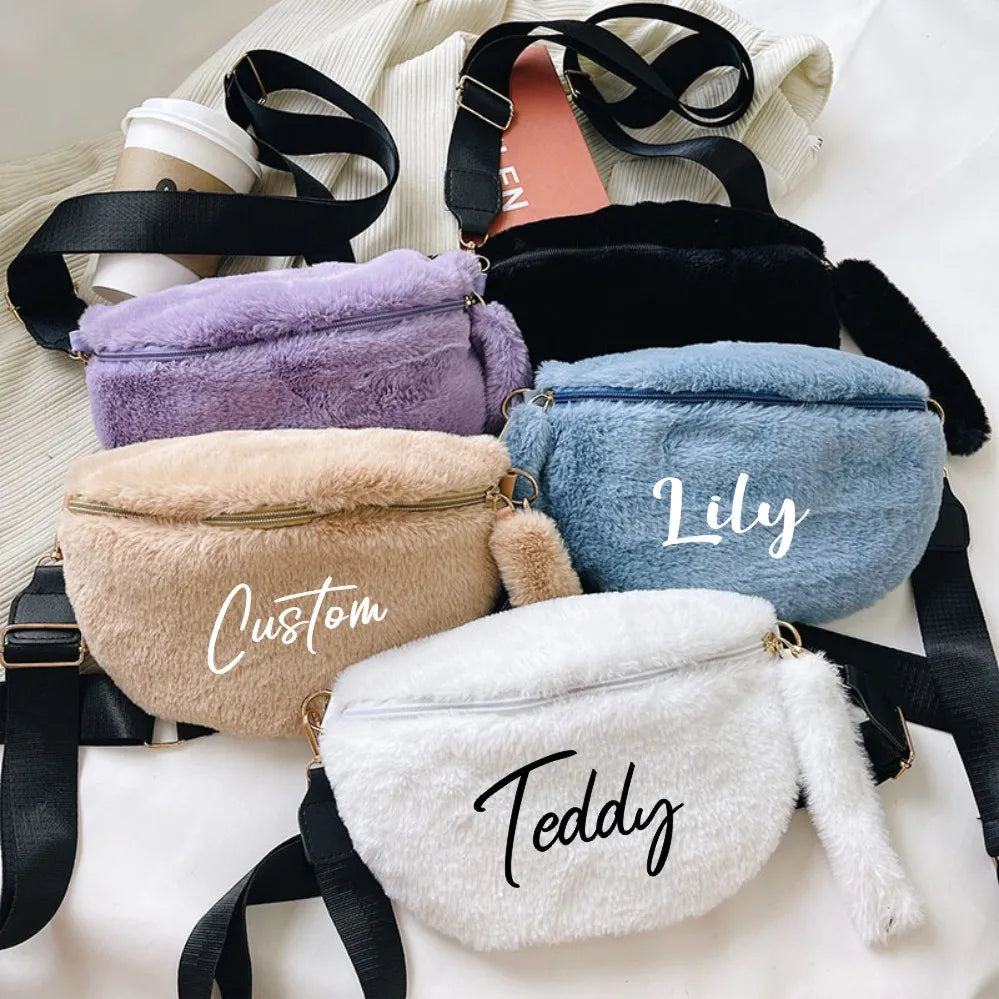 Winter Women Waist Bag Plush Crossbody Bag Solid Faux Fur Waist Pack