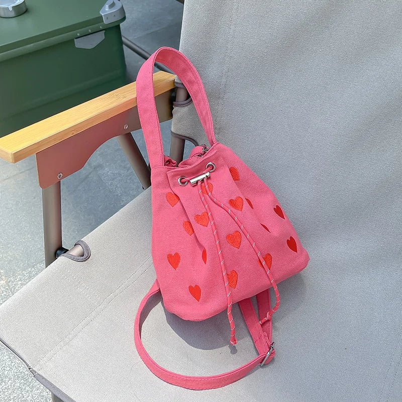 Pink Heart Embroidered Ladies Bucket Purse Handbags Love Women Messenger Bag