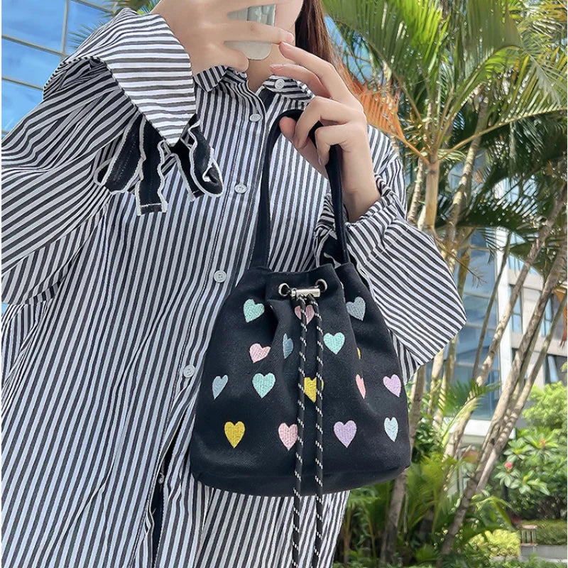 Pink Heart Embroidered Ladies Bucket Purse Handbags Love Women Messenger Bag