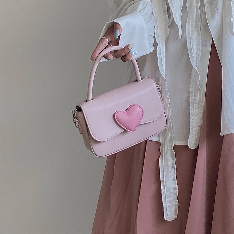 Pink Heart Girly Small Square Shoulder Bag Love Women Tote Purse Handbags