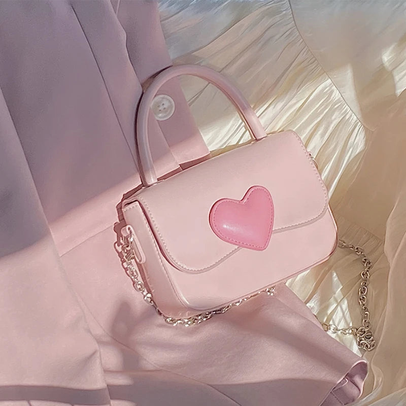 Pink Heart Girly Small Square Shoulder Bag Love Women Tote Purse Handbags