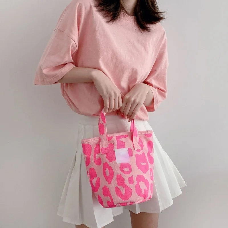 Pink Leopard Shoulder Bag Women's Large Capacity Casual Totes Ladies Canvas Bags