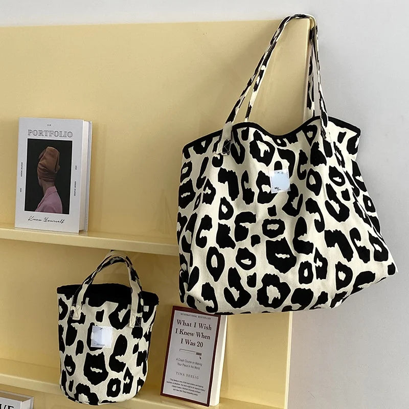 Pink Leopard Shoulder Bag Women's Large Capacity Casual Totes Ladies Canvas Bags
