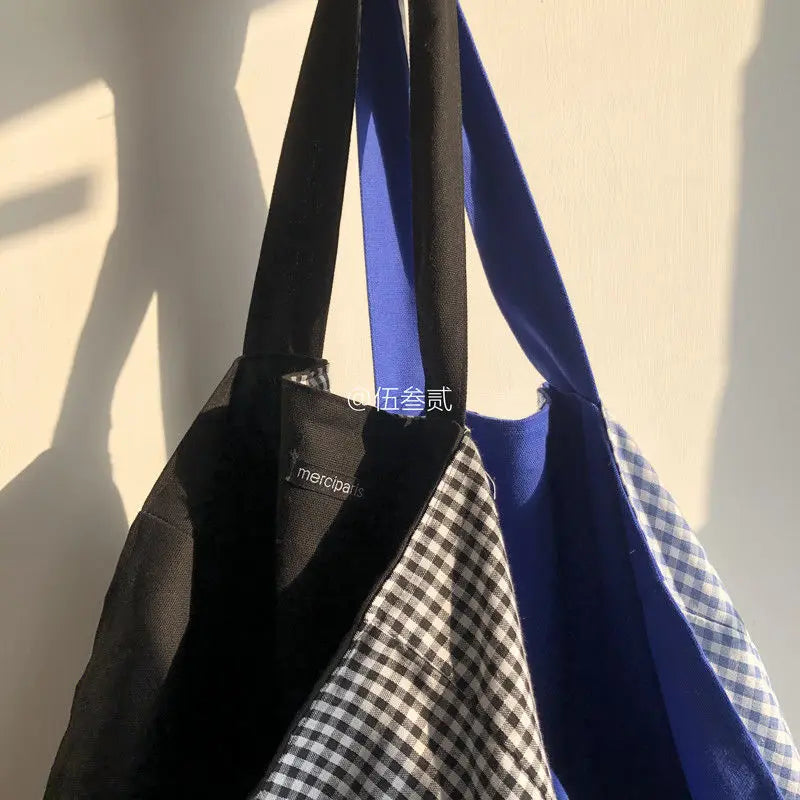 Plaid Canvas Bag Shoulder Bags Reversible Underarm Large Capacity