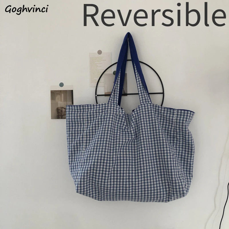 Plaid Canvas Bag Shoulder Bags Reversible Underarm Large Capacity