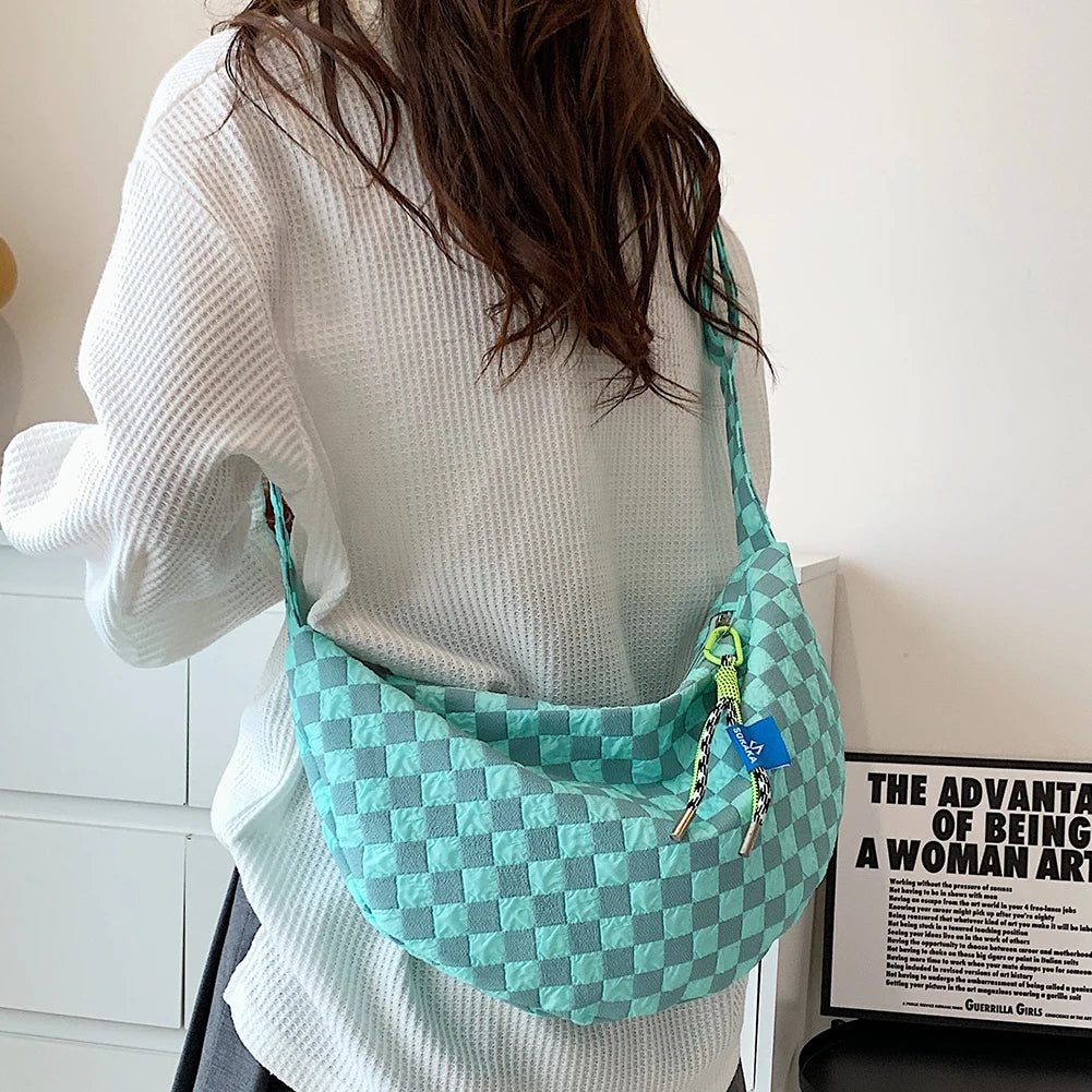 Plaid Commute Bag Half Moon Handbag Lightweight Large Capacity