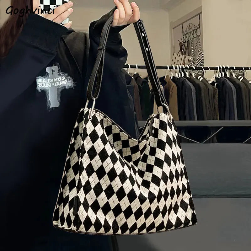 Plaid Shoulder Bags Women Retro Large Capacity Underarm Bag Crossbody Canvas Tot