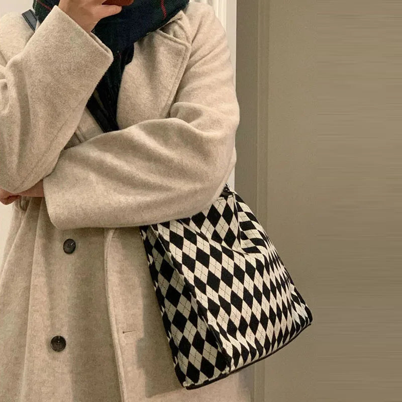 Plaid Shoulder Bags Women Retro Large Capacity Underarm Bag Crossbody Canvas Tot