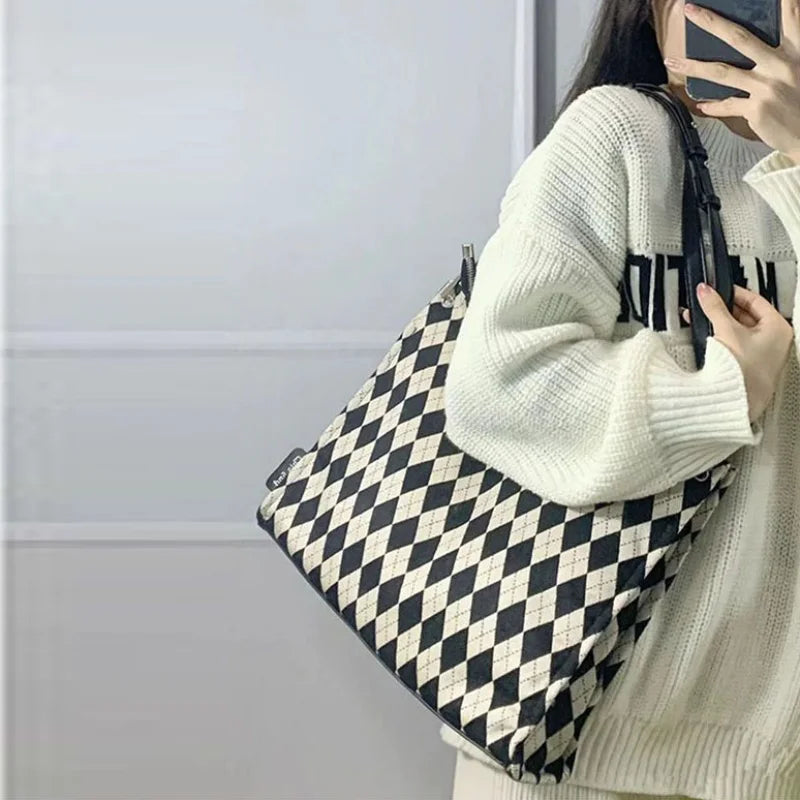 Plaid Shoulder Bags Women Retro Large Capacity Underarm Bag Crossbody Canvas Tot