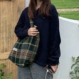 Plaid Shoulder Bags Women Retro Casual Tote Japanese Style Woolen