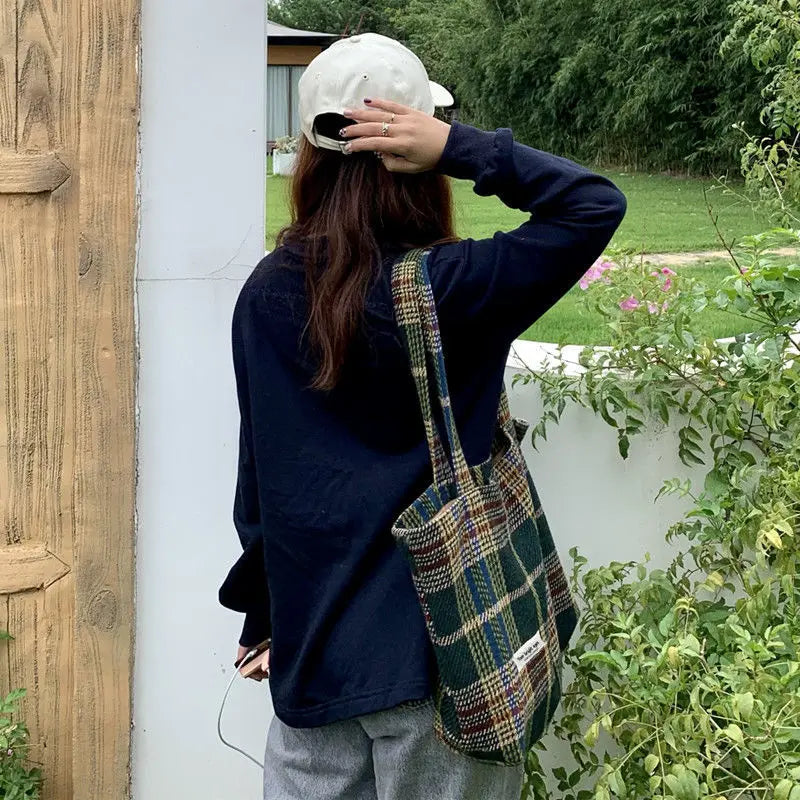 Plaid Shoulder Bags Women Retro Casual Tote Japanese Style Woolen